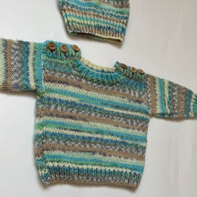 Load image into Gallery viewer, Hand Knit Blue Fleck Cardigan and Hat 0-3 months
