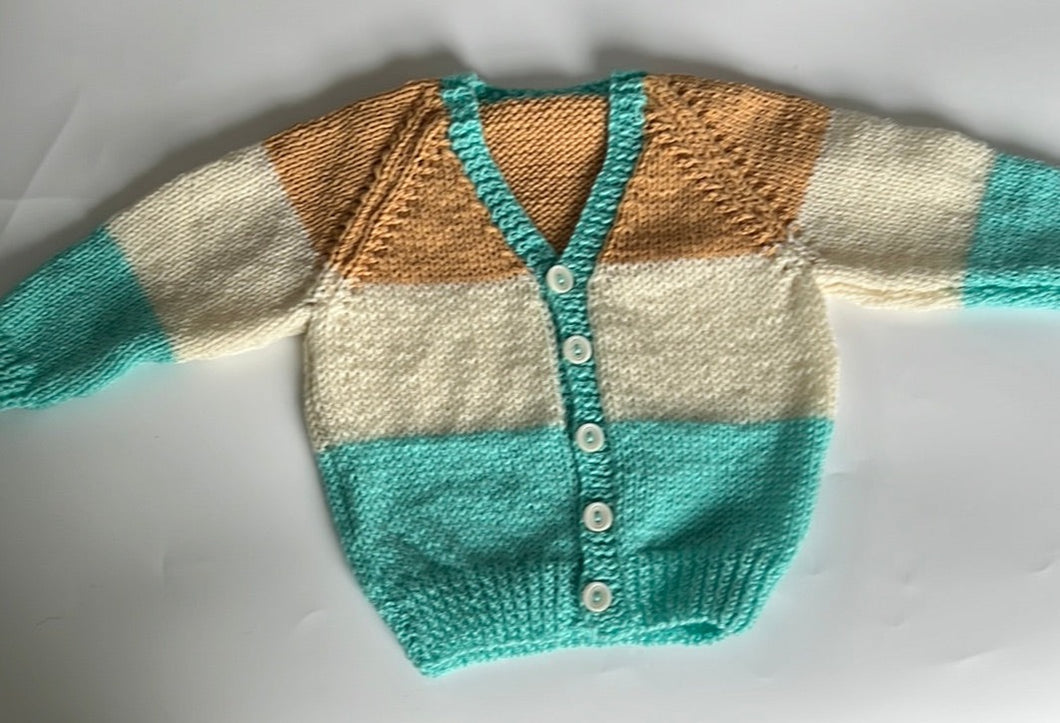 Hand Knit Green and Brown Striped Cardigan 6-12 months
