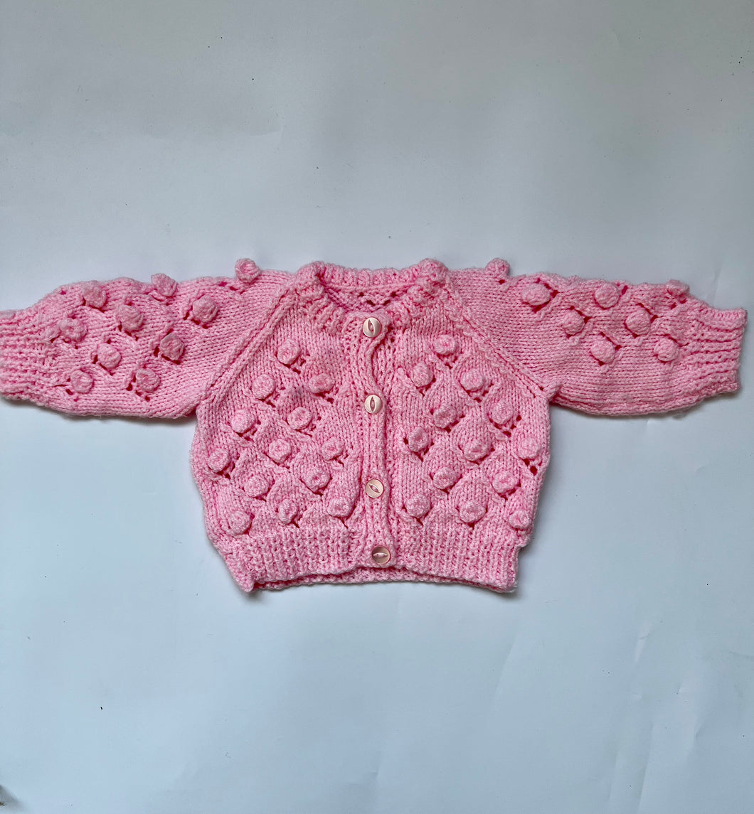 Hand Knit Pink Cardigan with Bobble Detail 0-3 months