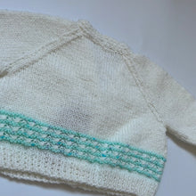 Load image into Gallery viewer, Sale: Hand Knit White with Turquoise Detail Cardigan 9-12 months
