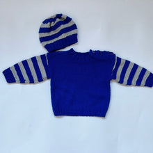 Load image into Gallery viewer, Hand Knit Blue and Grey Jumper and Hat 9-12 months
