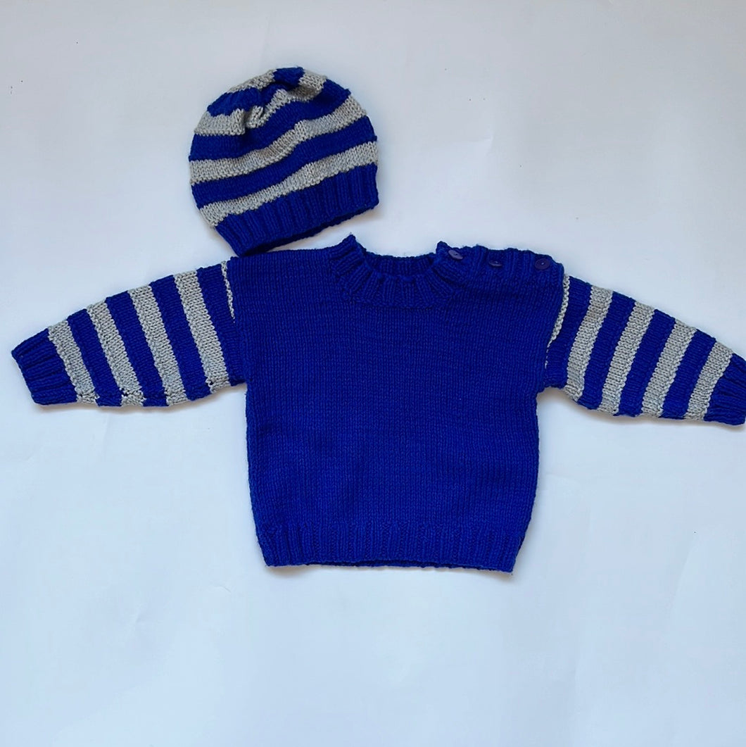 Hand Knit Blue and Grey Jumper and Hat 9-12 months
