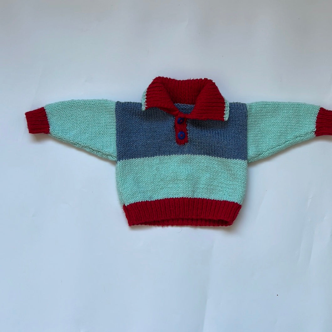 Hand Knit Red, Turquoise and Blue Jumper 9-12 months