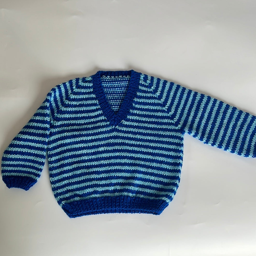 Hand Knit Blue Striped V Neck Jumper 6-9 Months
