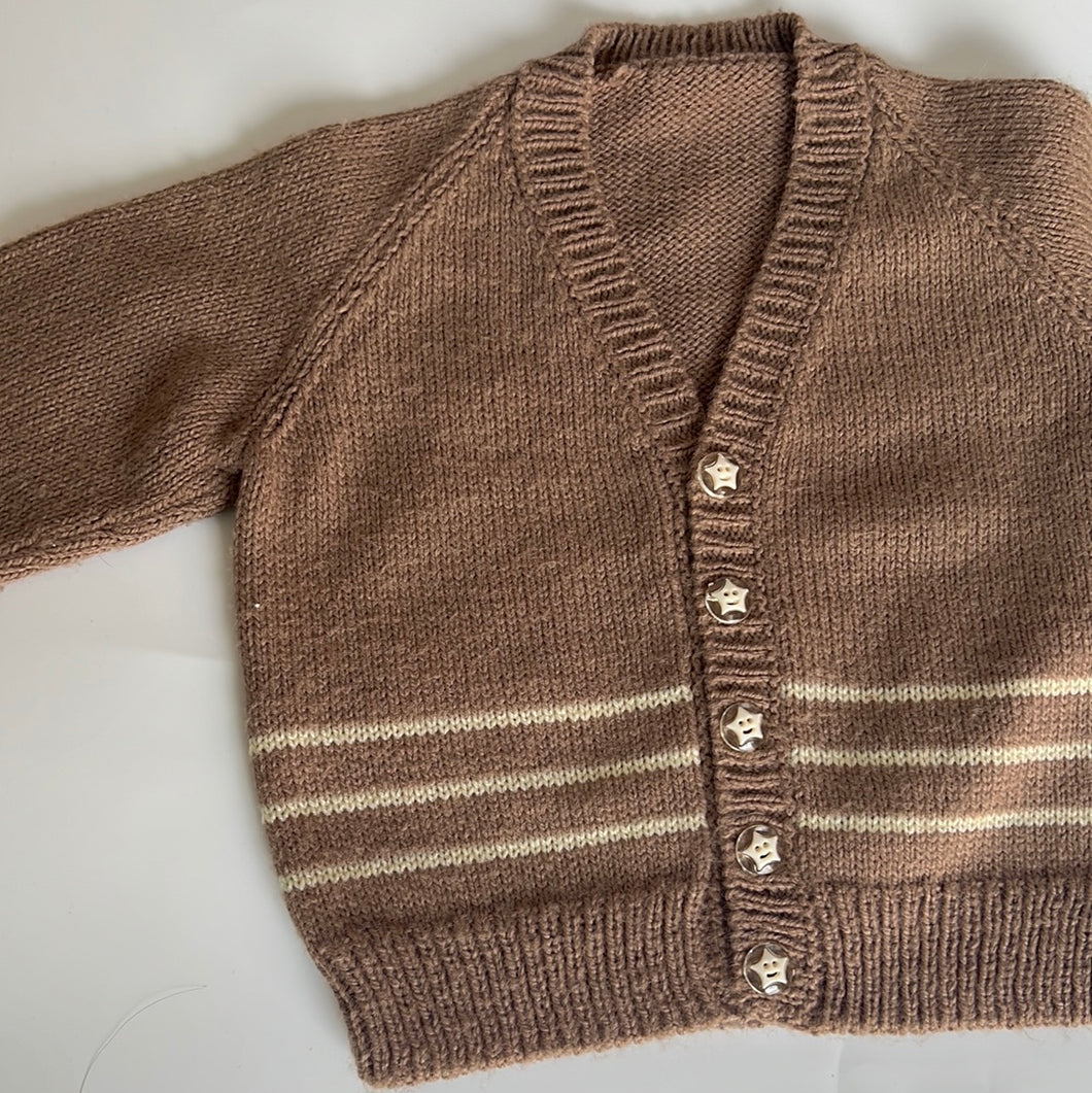 Hand Knit Brown Cardigan with Cream Stripe 6-9 months