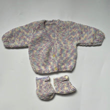 Load image into Gallery viewer, Hand Knit Purple Fleck Cardigan and Bootie set 3-6 months
