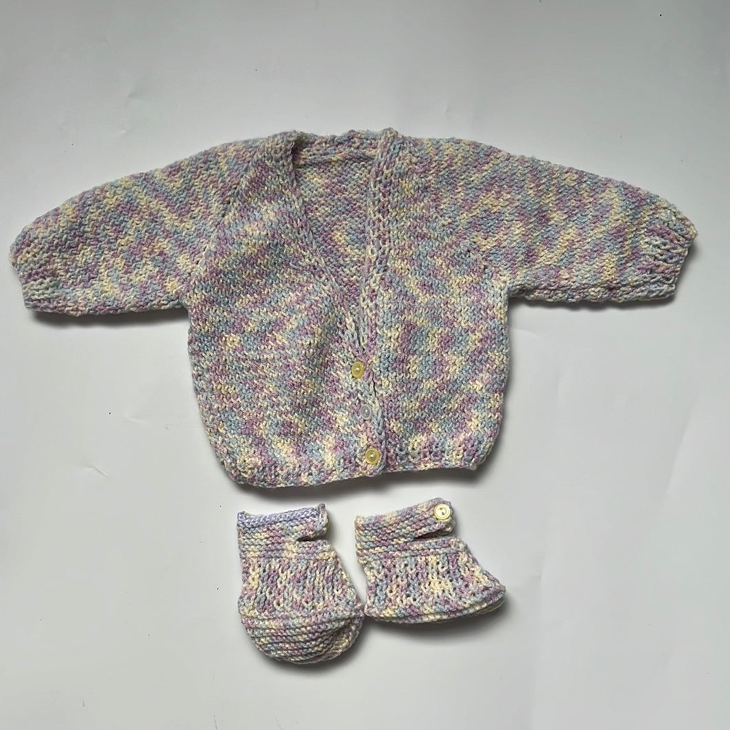 Hand Knit Purple Fleck Cardigan and Bootie set 3-6 months