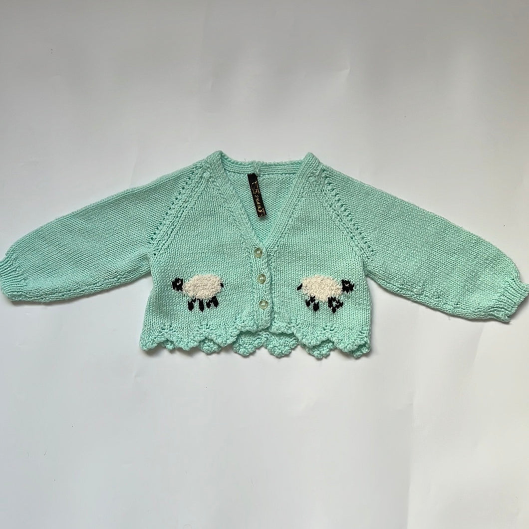 Hand Knit Mint Green Sheep Cardigan 9-12 months