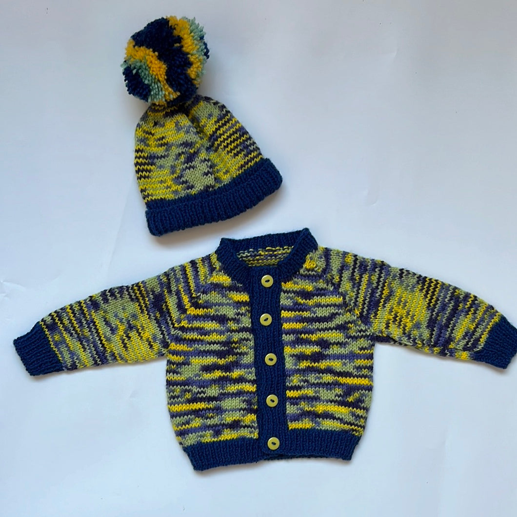 Hand Knit Blue and Yellow Cardigan and Hat Set 9-12 months