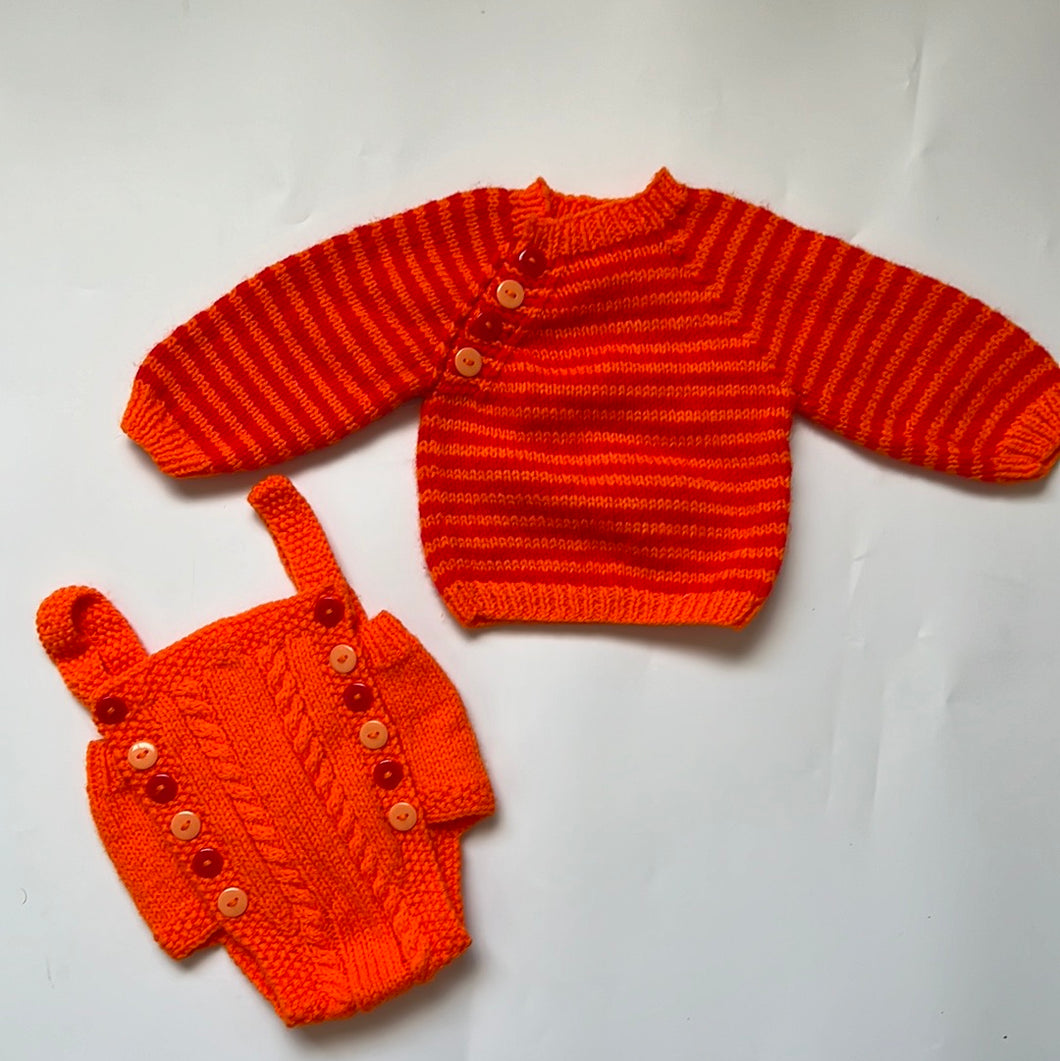 Hand Knit Orange and Red Jumper and Romper Set Newborn