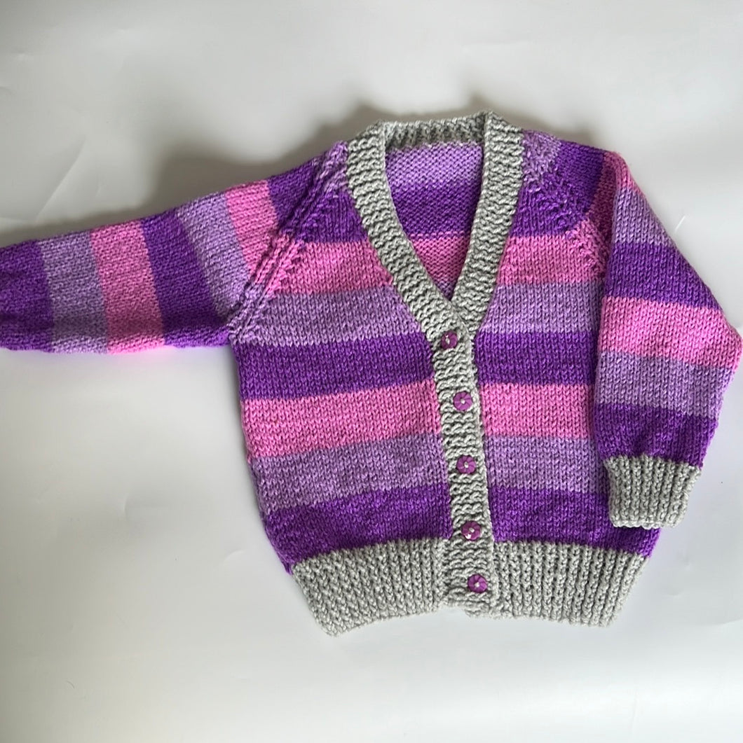Hand Knit Purple and Pink Striped Cardigan 12-18 Months