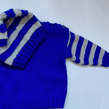 Load image into Gallery viewer, Hand Knit Blue and Grey Jumper and Hat 9-12 months
