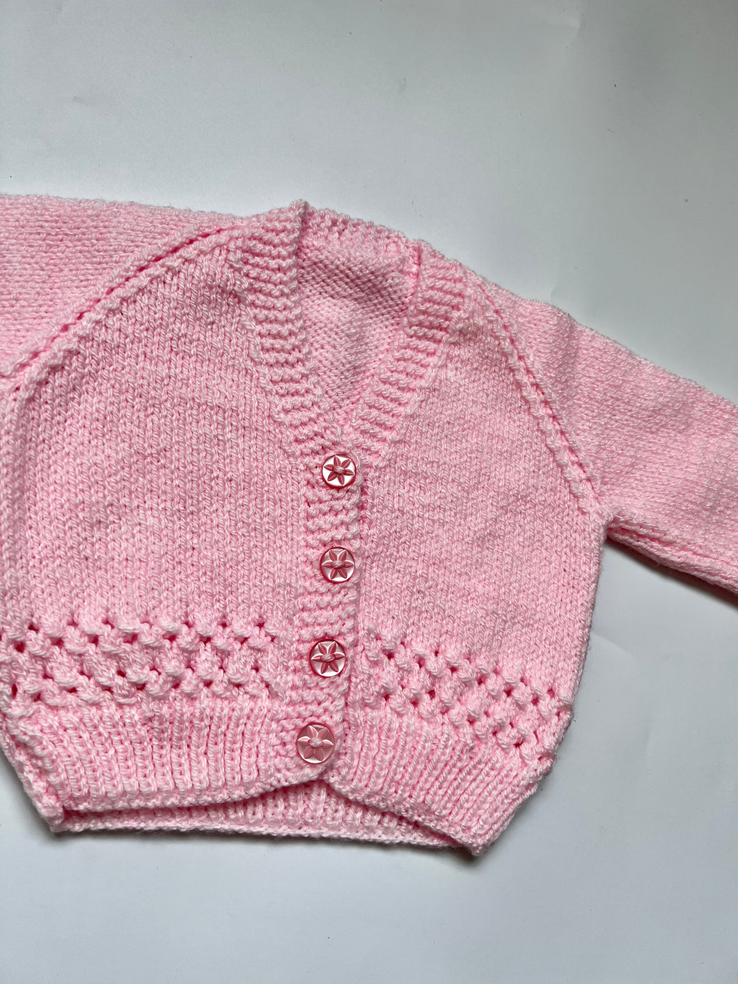 Hand Knit Pink V Neck Cardigan 3-6 months