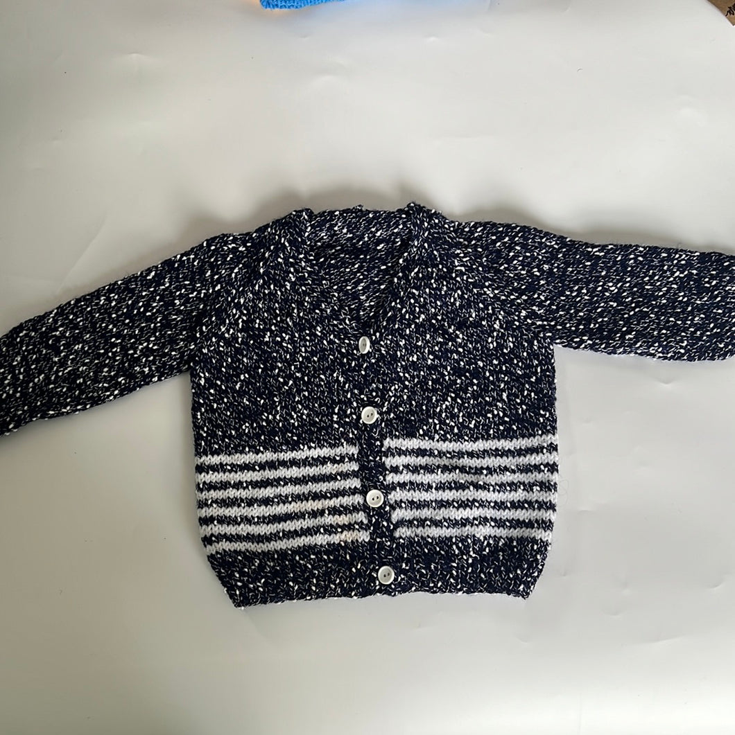 Hand Knit Navy and White Cardigan 12-18 Months