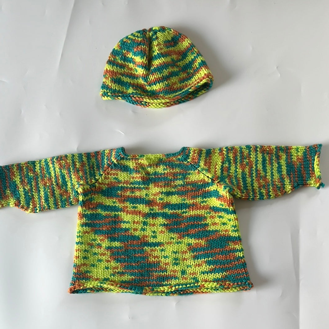 Hand Knit Neon Bright Hat and Jumper Set 6-9 Months