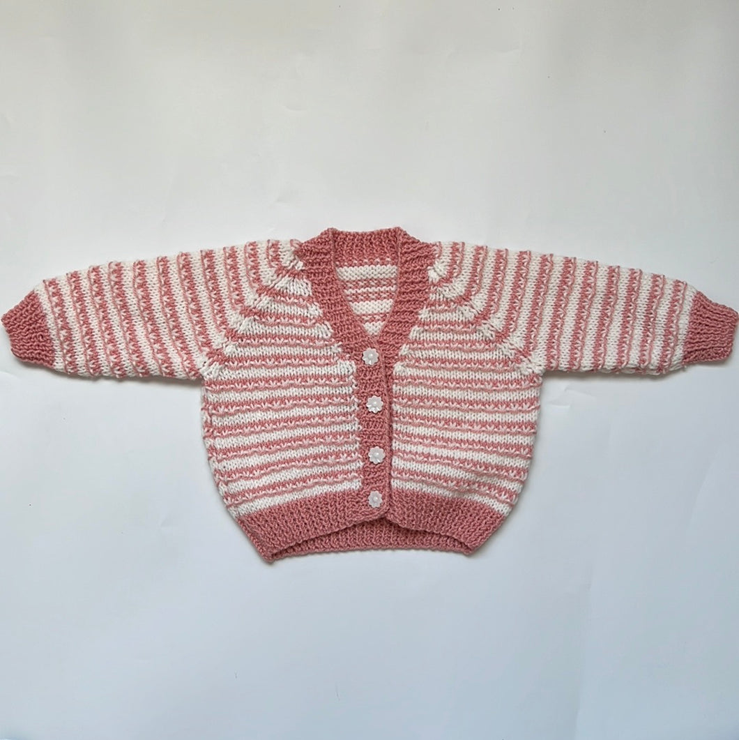 Hand Knit Pink Stripe Cardigan 9-12 months