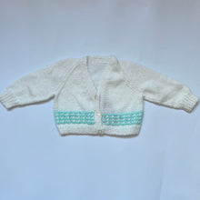 Load image into Gallery viewer, Sale: Hand Knit White with Turquoise Detail Cardigan 9-12 months
