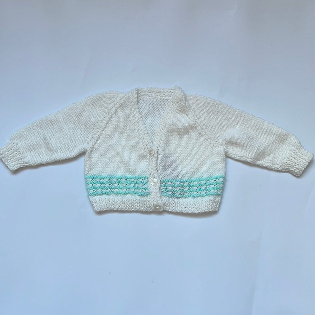 Sale: Hand Knit White with Turquoise Detail Cardigan 9-12 months