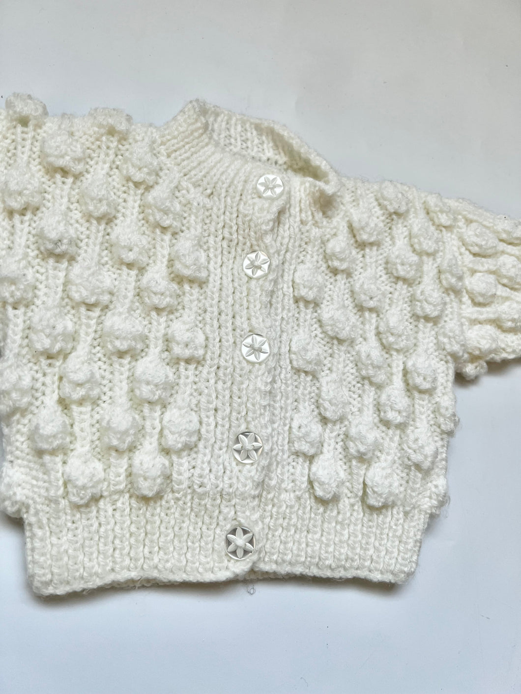 Hand Knit White Bobble Cardigan 0-3 Months