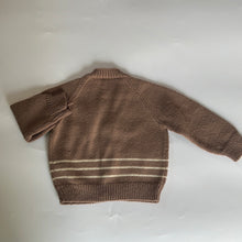 Load image into Gallery viewer, Hand Knit Brown Cardigan with Cream Stripe 6-9 months
