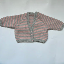 Load image into Gallery viewer, Hand Knit Grey and Pink Stripe Cardigan 6-9 months
