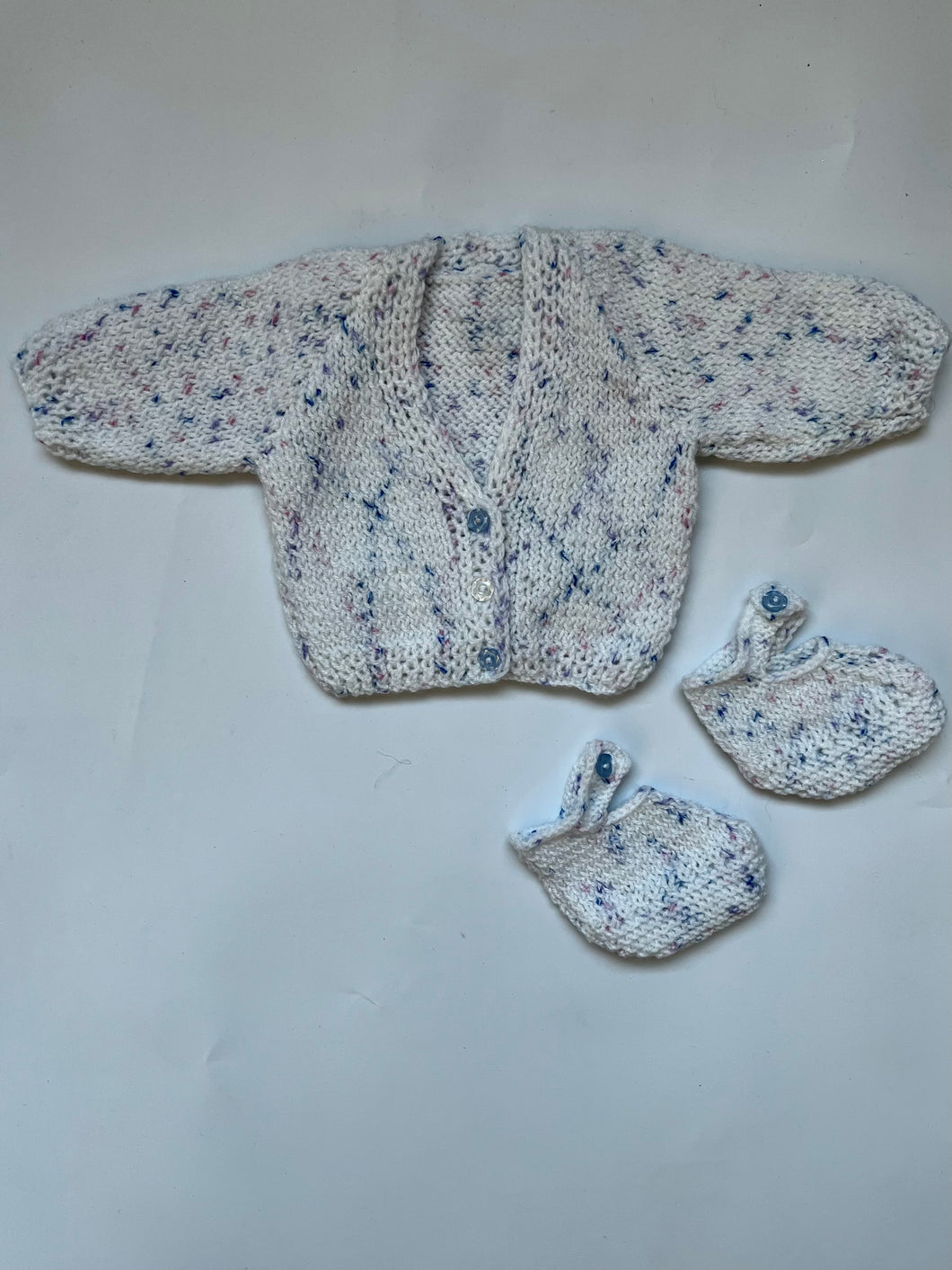 Hand Knit White with Fleck Cardigan and Booties Newborn