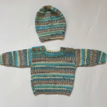 Load image into Gallery viewer, Hand Knit Blue Fleck Cardigan and Hat 0-3 months
