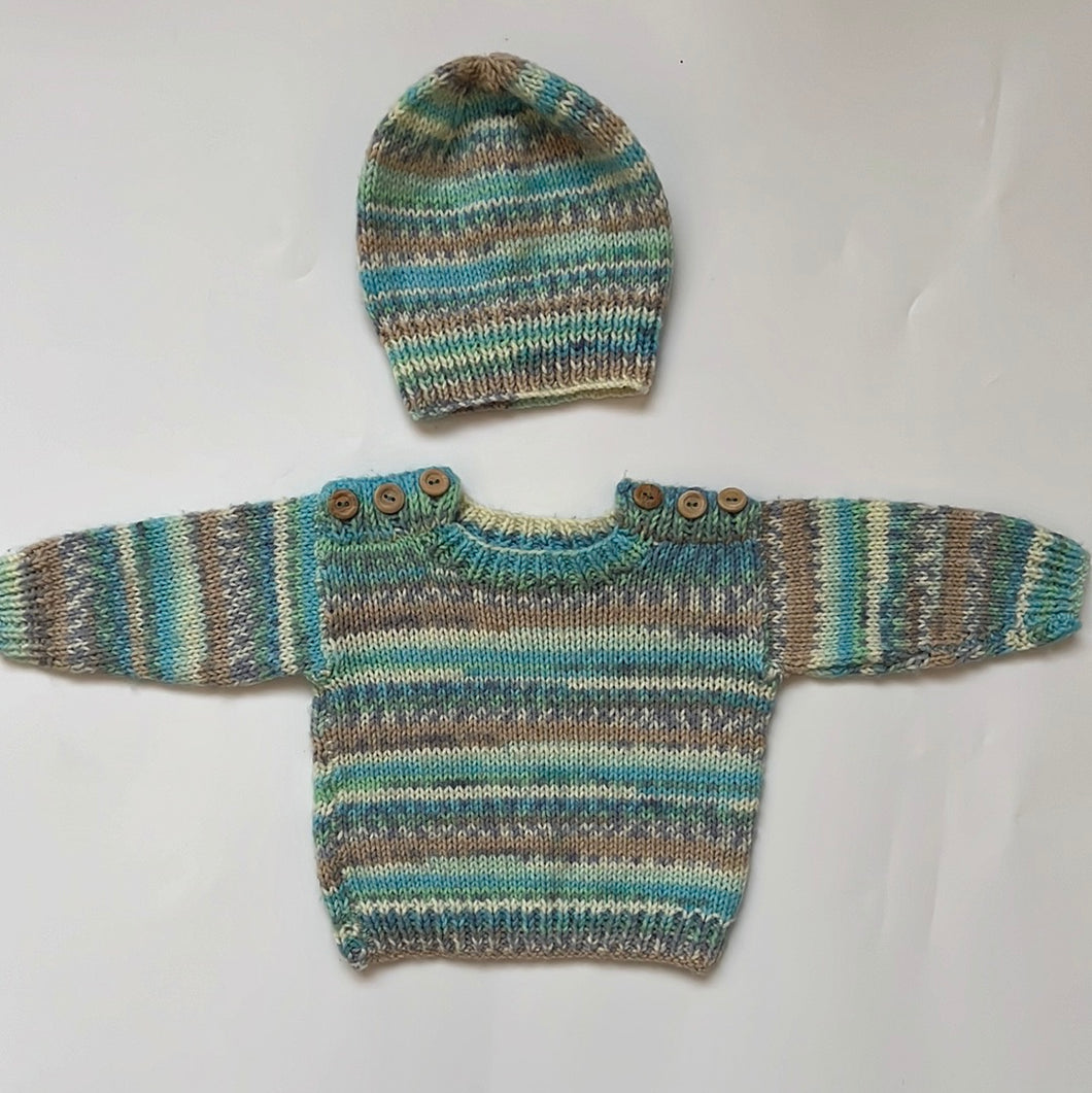 Hand Knit Blue Fleck Cardigan and Hat 0-3 months