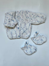 Load image into Gallery viewer, Hand Knit White with Fleck Cardigan and Booties Newborn
