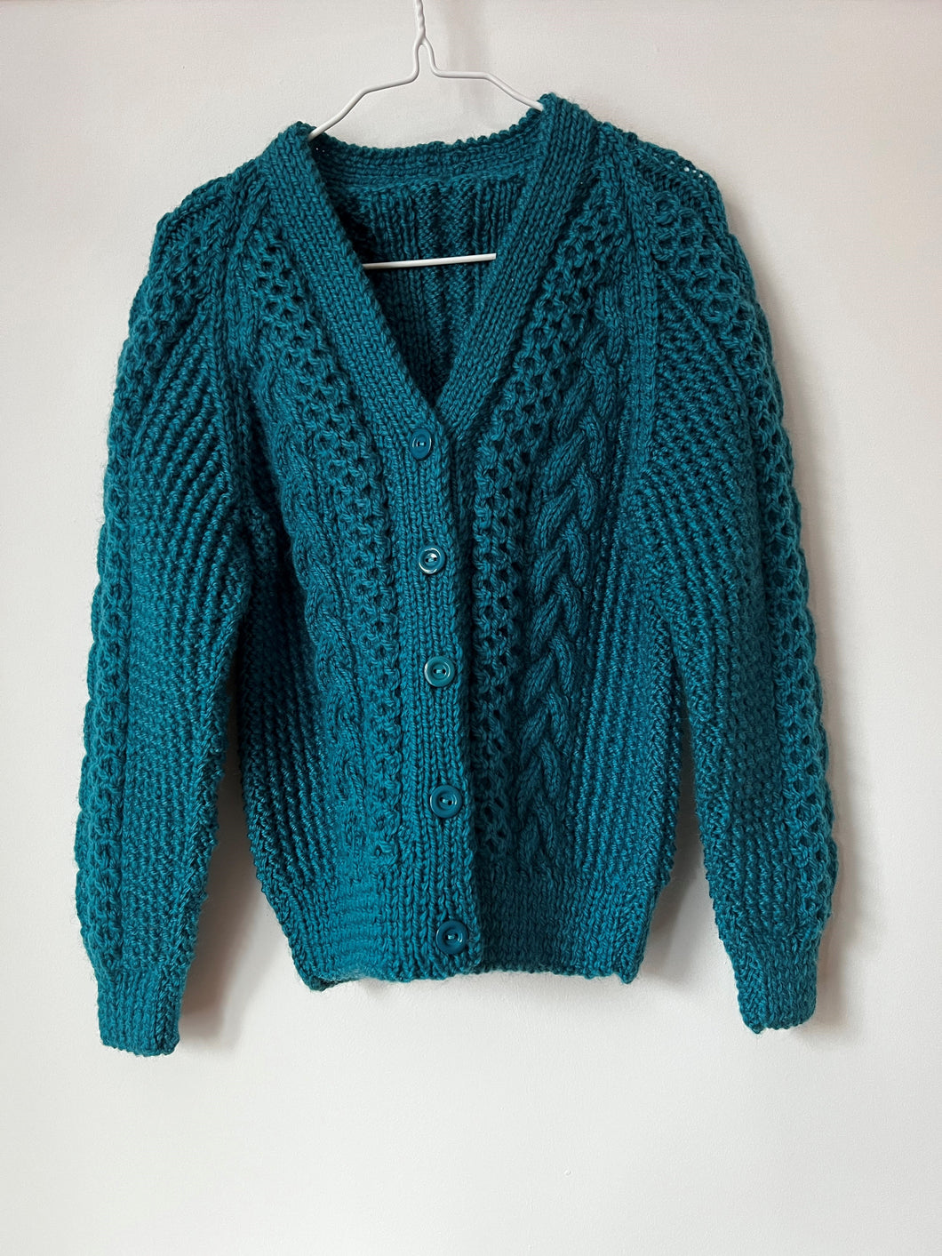 Aran Hand Knitted Cardigan - Teal Age 4-6 years